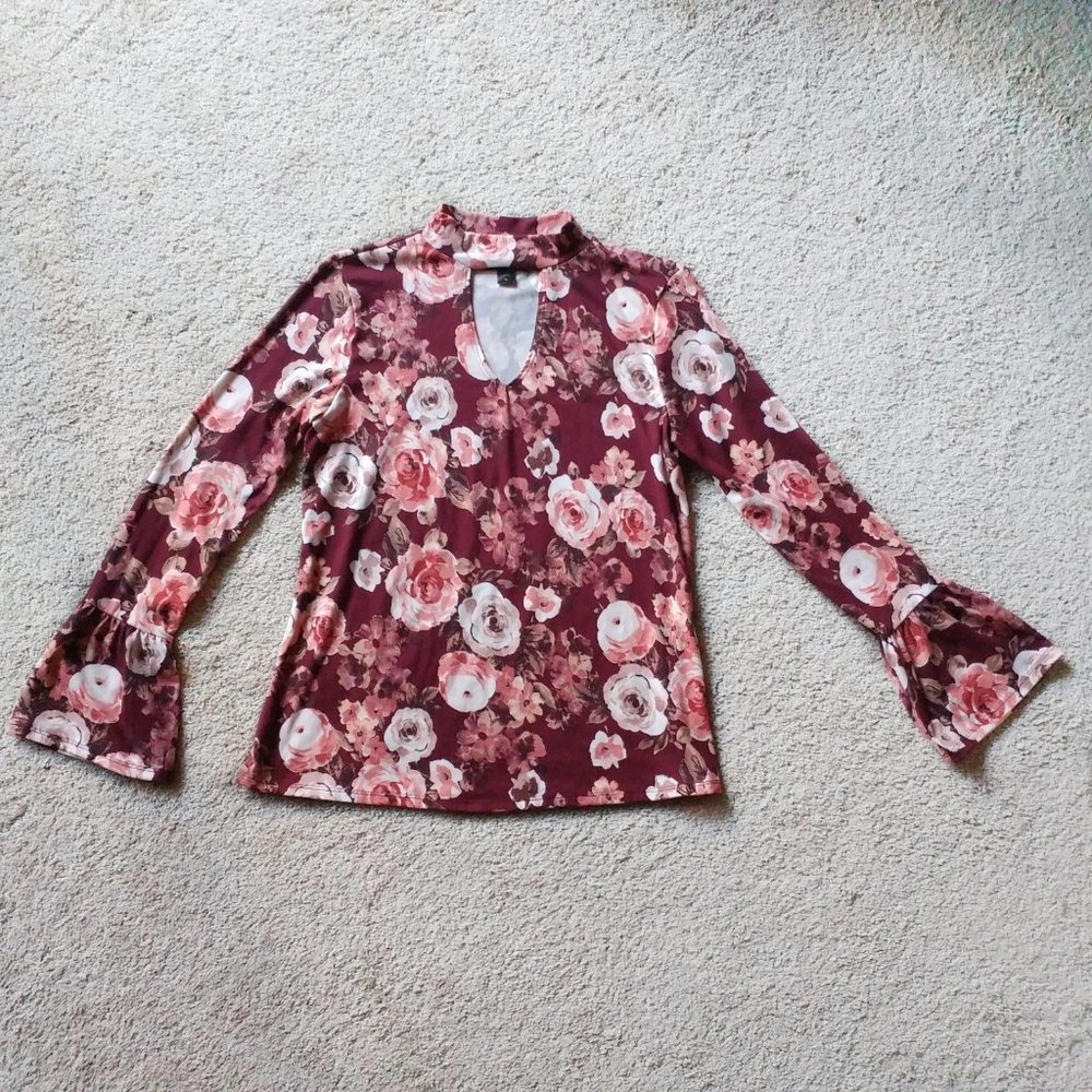 Joe Boxer Floral Bell Sleeve Tops with Choker & Keyhole Neckline (Maroon/Pink)